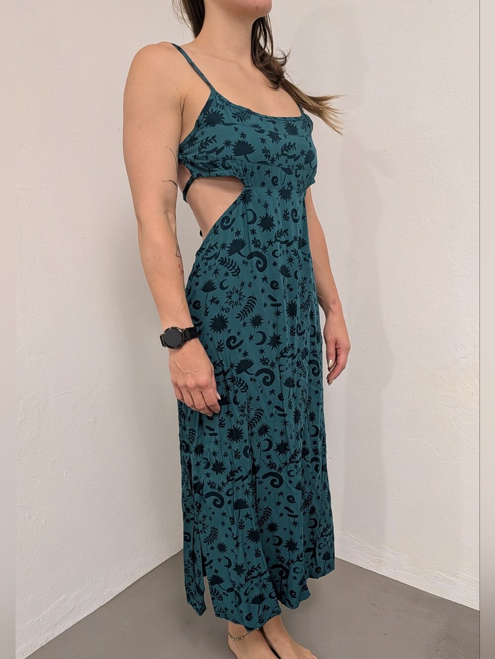 Teal Printed Spaghetti Strap Maxi Dress (M) (Never Worn)